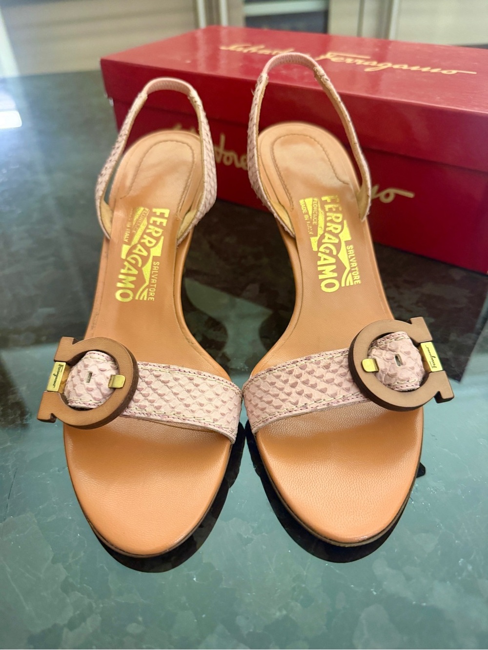 Salvatore Ferragamo Tan and Pink Slingback Heels Size 6.5 AA - Picture 2 of 9